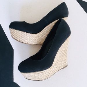 💋Steve Madden PAMELAAA Black Canvas Raffia Wedge